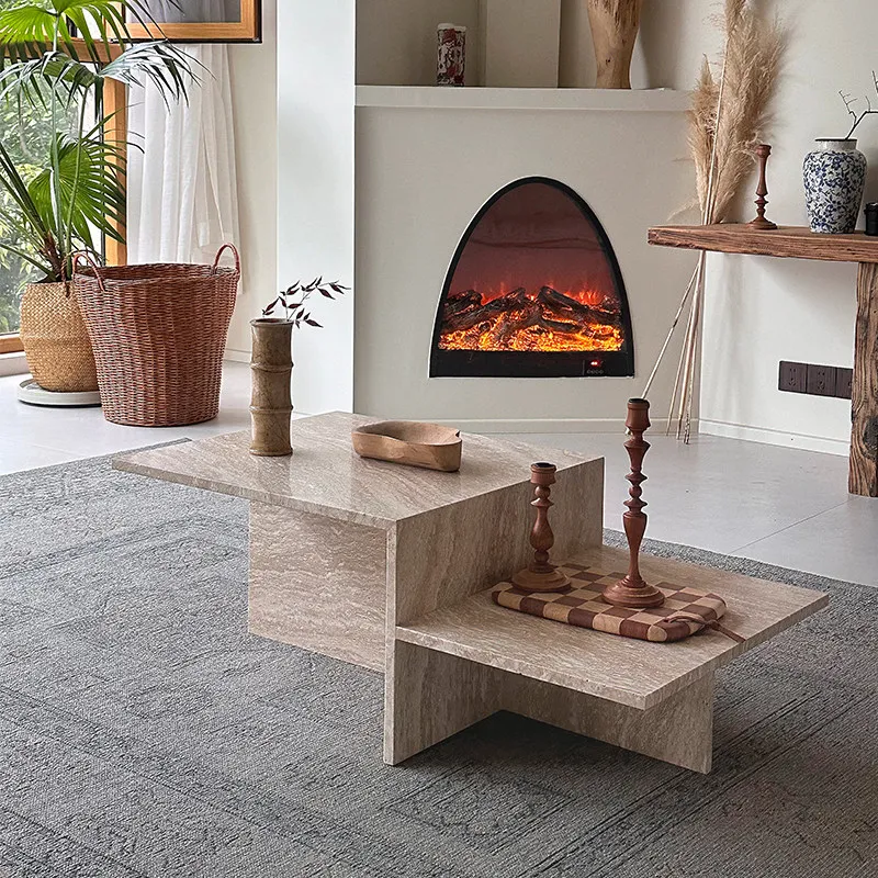 

Ins wabi sandy wind natural travertine coffee table Internet celebrity marble living room simple modern creative geometric table