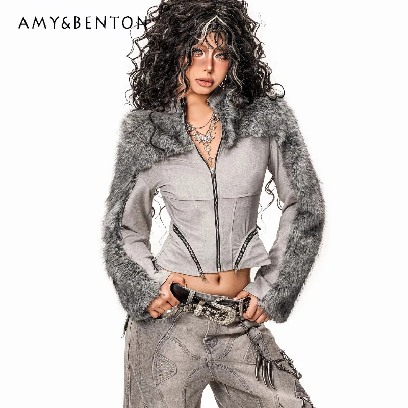 

Vintage Design Plush Splicing Zip-up Women's Jacket 2026 Spring Autumn New Sexy Hot Girl Locomotive Jackets Cardigan Top Ladies