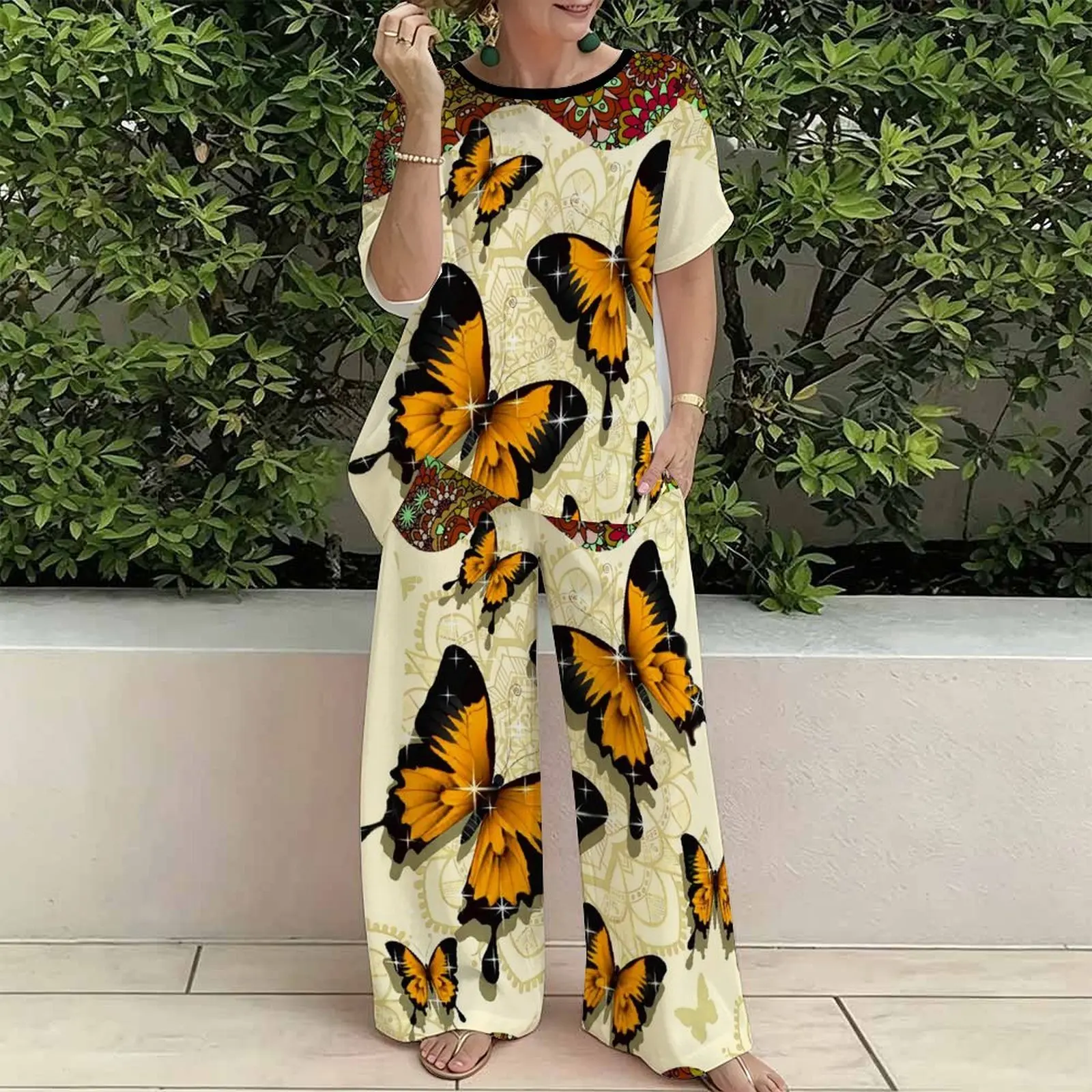 Plus Size Vintage Print Two Piece Set Ladies Casual Short Sleeved Elegance Tops Everyday Street Sport Pants