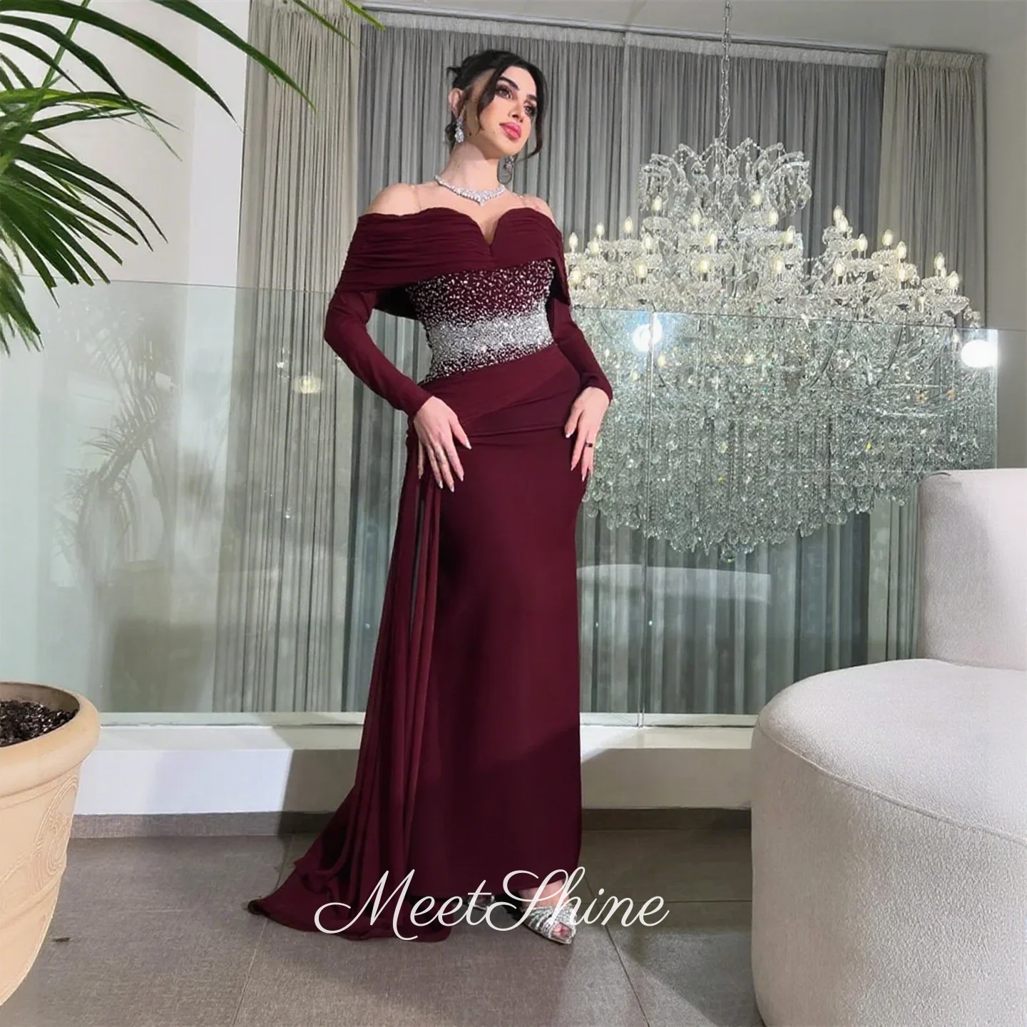 Vestido de noche elegante de gasa color Burdeos, sirena, de lujo, con hombros descubiertos, manga larga, cristal, Formal, vestido de fiesta de boda personalizado