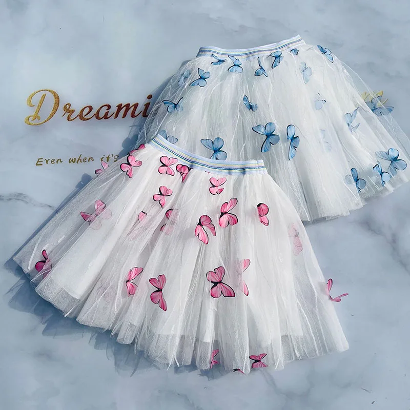 Summer Girls Mesh Skirt Pastoral Three-dimensional Butterfly New Cute Toddler Girl Tutu Skirts Korean Fashion Tulle Skirt