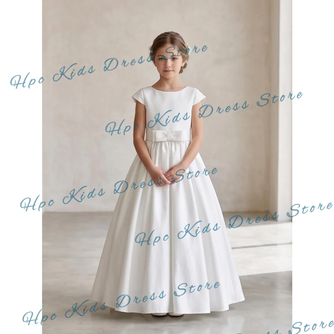 Custom White Satin Flower Girl Dress with Bow Cap  Wedding Sleeve forFirst Communion Kids Party Outfit