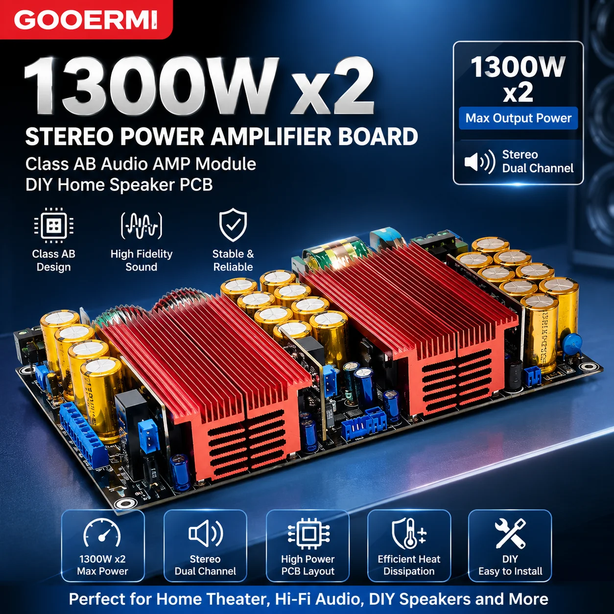GOOERMI 1300-P 1300W X2 Stereo Power Amplifier Board Class AB Audio AMP Module DIY Home Speaker PCB High Power Dual Channel