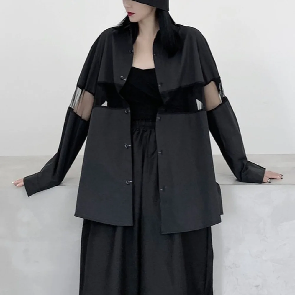 

TWOTWINSTYLE Solid Spliced Mesh Loose Blouses for Women Lapel Long Sleeve Patchwork Button Casual Shirts Female Fashion