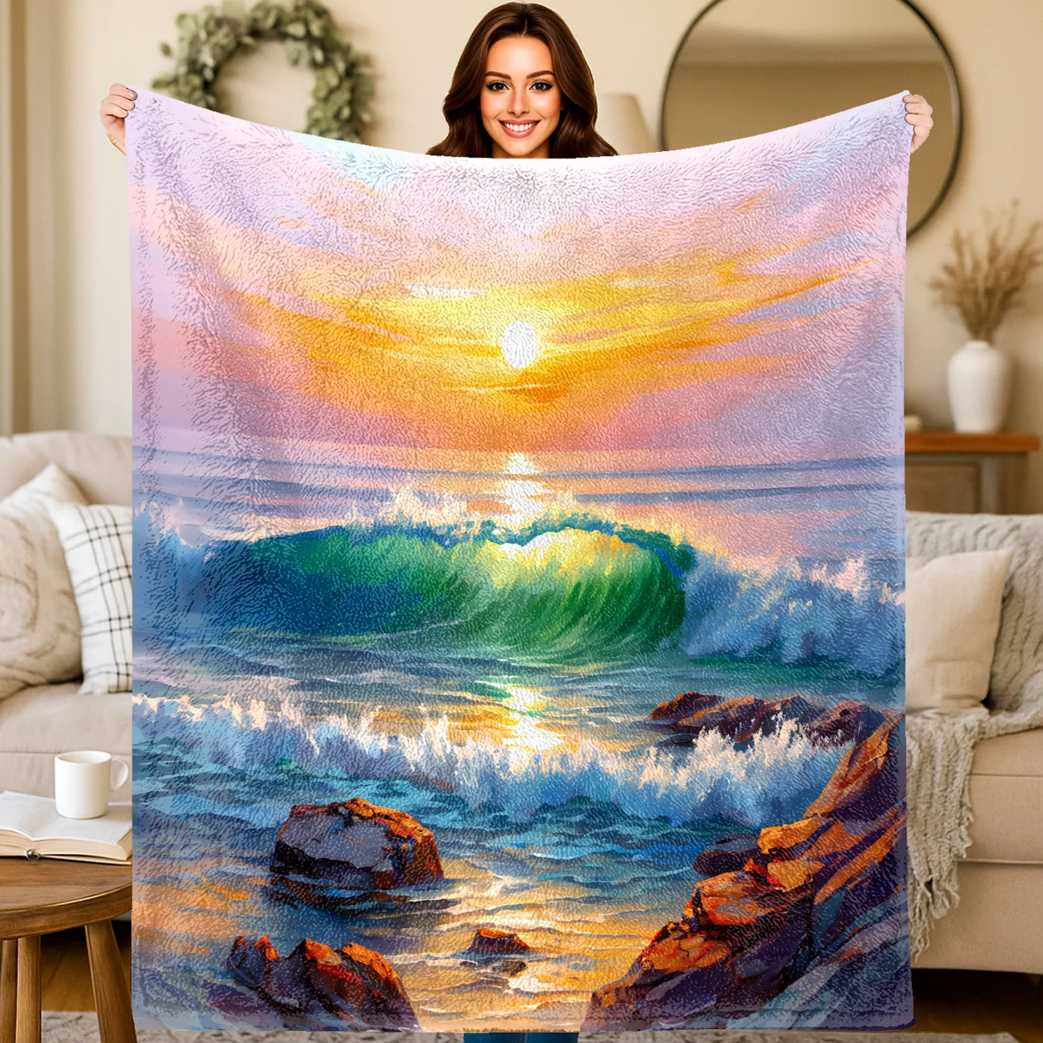 Sunrise Home Textiles & Apparel - ผ้าห่มพิมพ์ลายฟลานเนลลายพระอาทิตย์ขึ้นบนมหาสมุทร เหมาะสำหรับทุกฤดูกาล เหมาะสำหรับห้องนั่งเล่น โซฟาสำนักงาน การเดินทาง