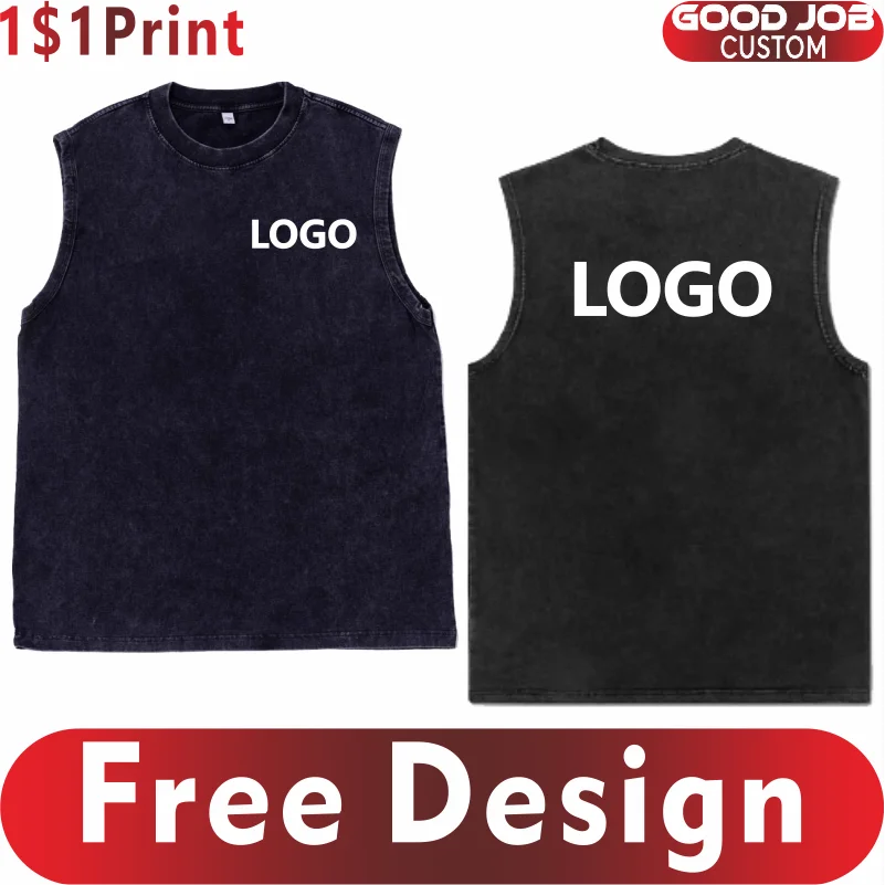

Customized Vest Street Fashion Sleeveless T-shirt Embroidery Logo 100% Cotton Shirt Printing Brand Sleeveless Vest Design