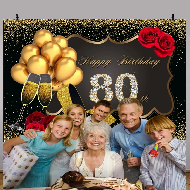 

Happy 80th Birthday Photography Backdrop Props Grandpa Grandma 80 Years Party Balloons Glitter Decorations Background BJ-01
