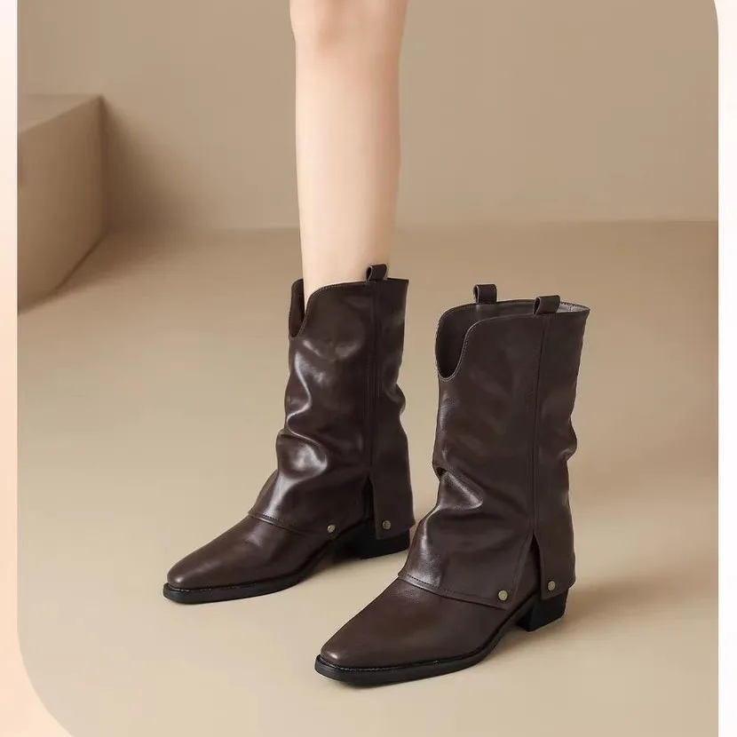 

Женские ботинки, новинка 2025, стильные модные ботинки с квадратной головкой, короткие сапоги увеличенной высоты в стиле ретро на грубом каблуке