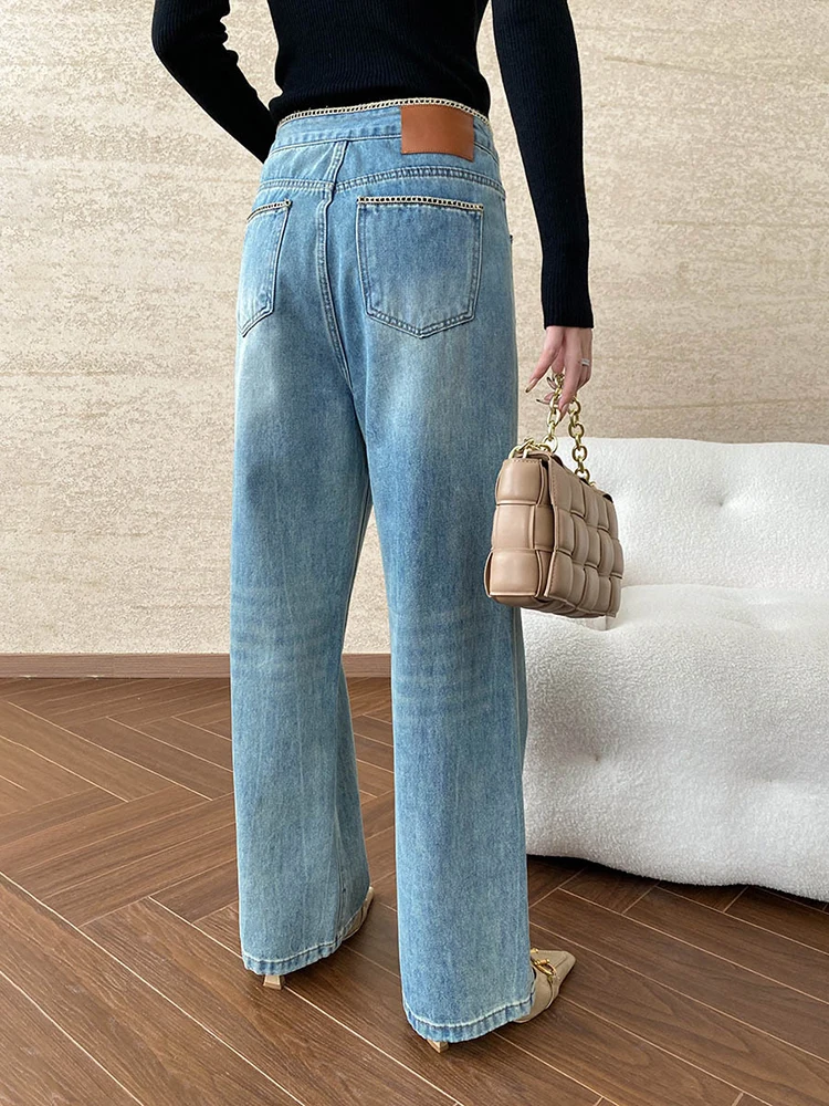 [LANMREM] Washed Jeans For Women High Waist Straight Wide Leg Denim Pants Fashion Trousers 2024 Autumn New Clothing 26C462