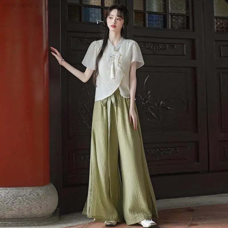 Ethnic Style Retro Hanfu New Chinese Style Embroidery Blouse Wide Leg Pants Set Female Traditional Oriental Tea Service Shirt