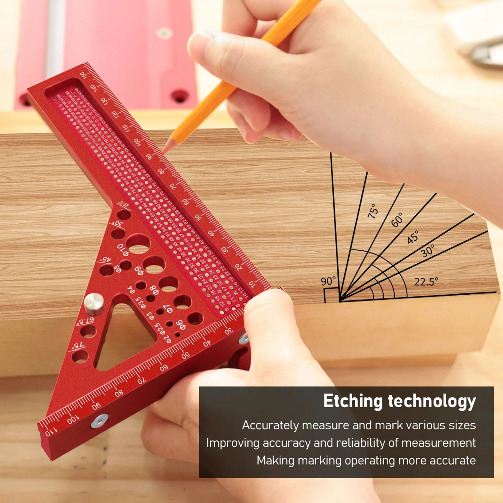 3D Multi Angle Measuring Ruler Metric Aluminum Alloy 22.5-90 Degree Woodworking Square Carpenter Hole Scribing with Pin