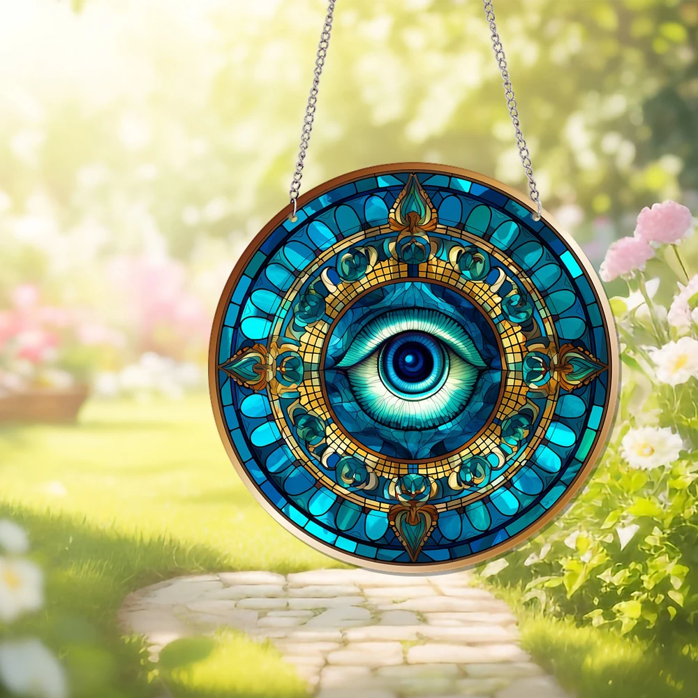 1 pc blue unique Eye with gold pattern Wall Art Vibrant Stain Glass Round Acrylic Plaque for Home Garden and Office Decor