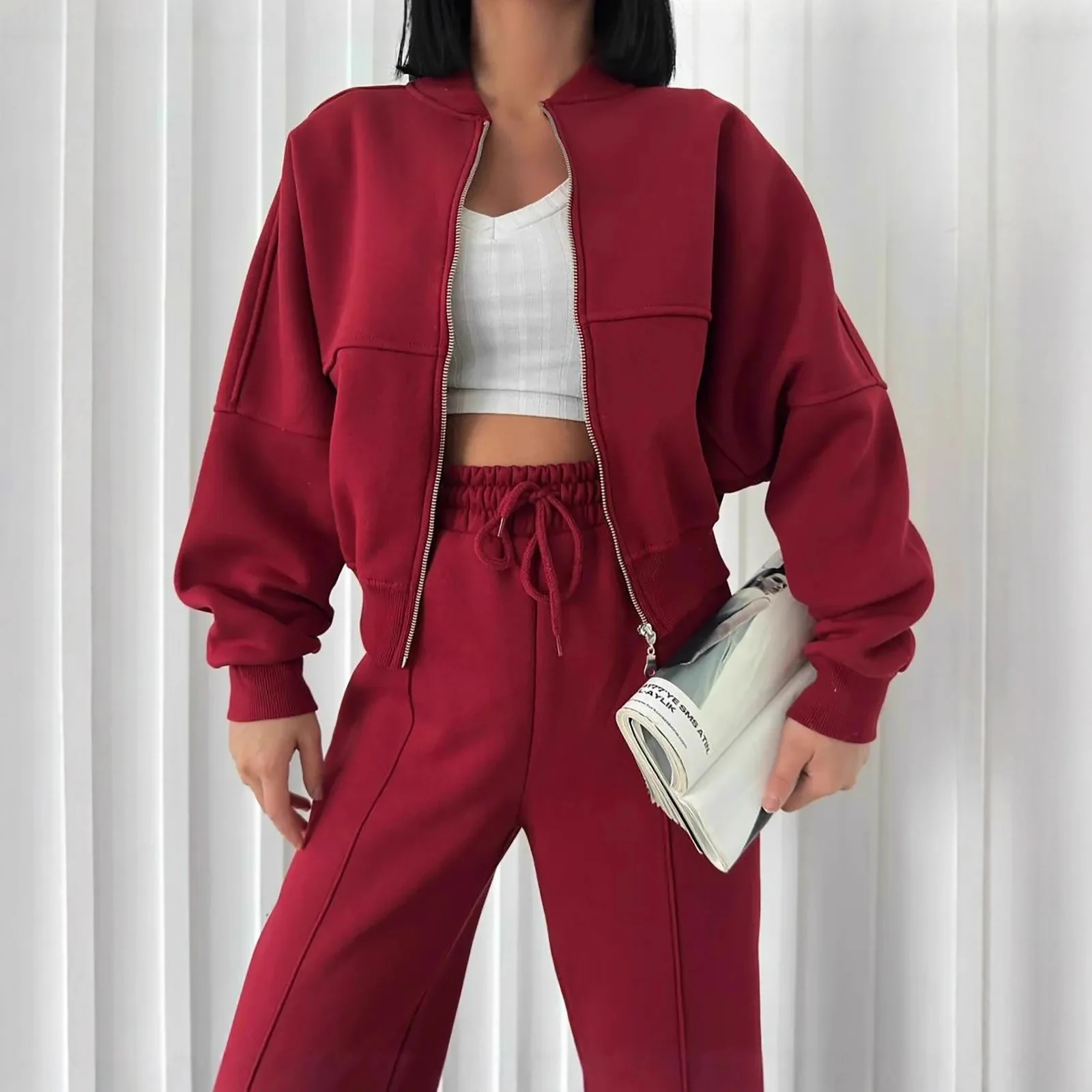 2025 neue Mode Zipper Strickjacke + Breite bein Hosen Zwei-stück Sets frauen Winter Beiläufige Lose Tops Hosen anzug Für Frauen