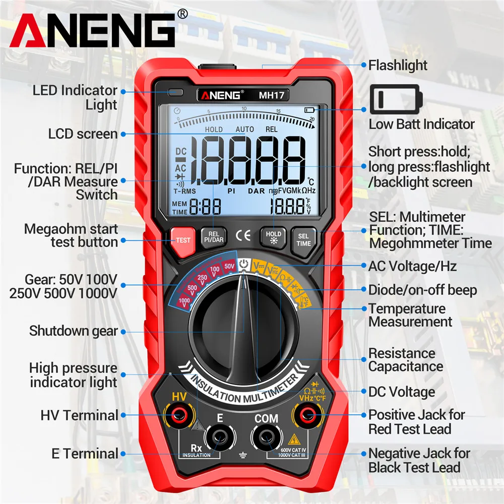 Picture 7: 1000V High Voltage Insulation Resistance Tester PI DAR Meter ANENG MH17 Lithium Battery Multimeter Megohmmeter Auto Repair Tools