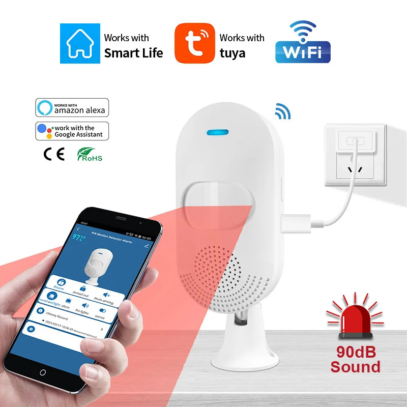 WiFi Function USB & Battery Powered Infrared Motion Detector APP Tuya Warn Burglar Alarm Indoor Safety Arming PIR Sound Sensor