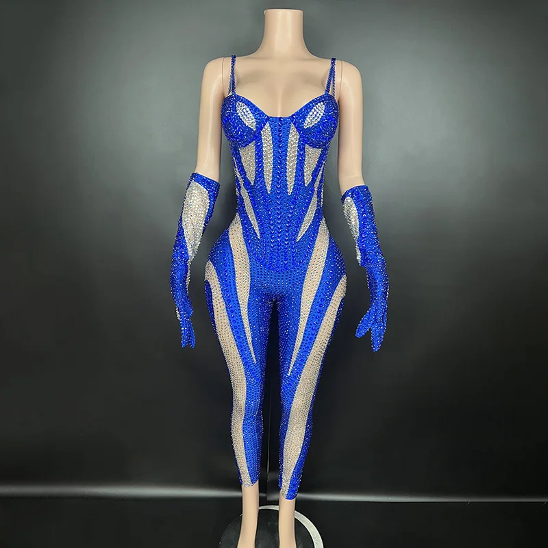 Women Sexy Black White Rhinestones Outfit Jumpsuit With Gloves Transparent Birthday Dance Stage Evening Celebrate Club Bodysuit image 3