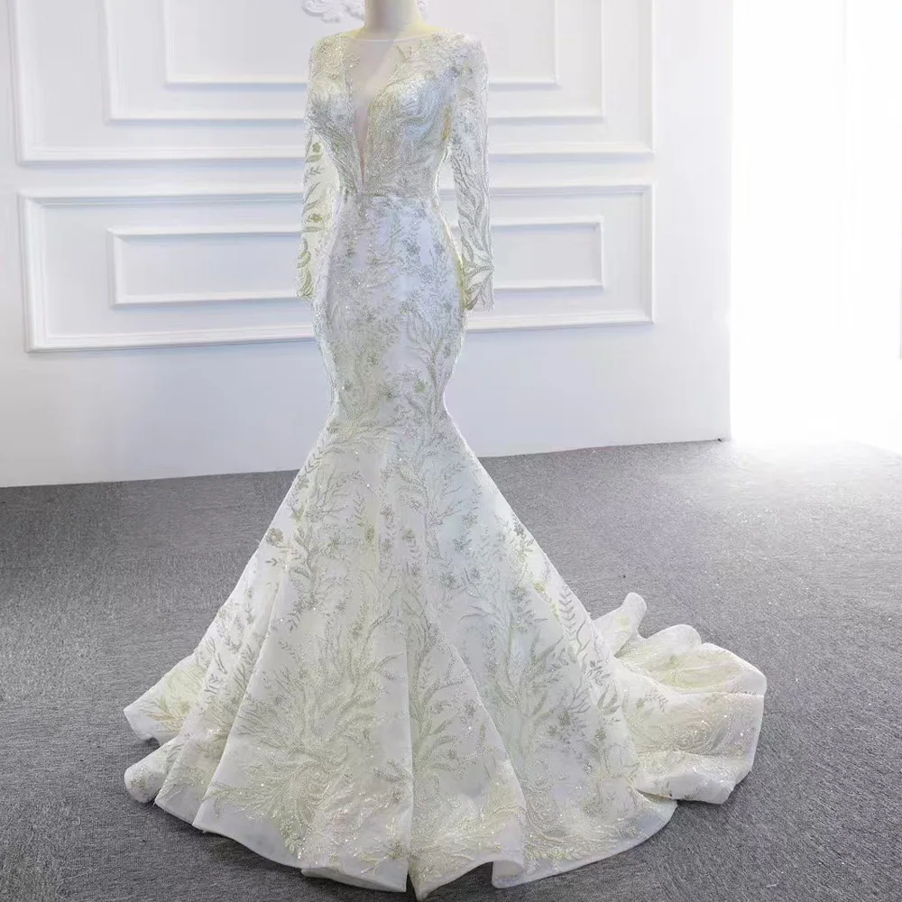 Train détachable col rond élégant à lacets dos manches longues robe de mariée broderie paillettes Abiti Da Sposa