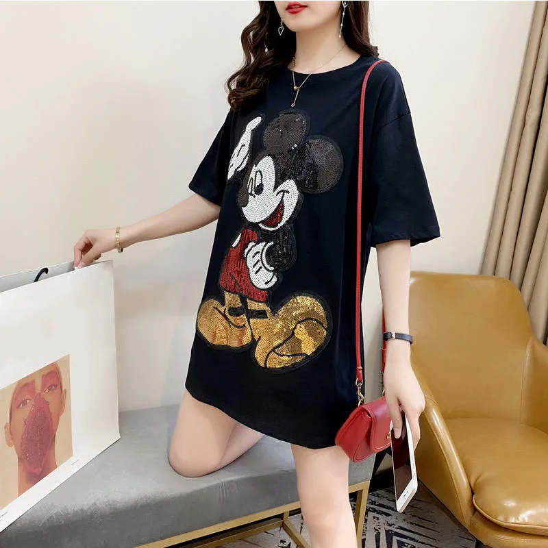 Mickey T Shirt Tops Women Short Sleeve Mid-Length Sequins Embroidery Kawaii T-Shirt Summer Korean Cartoon Loose Tee Top