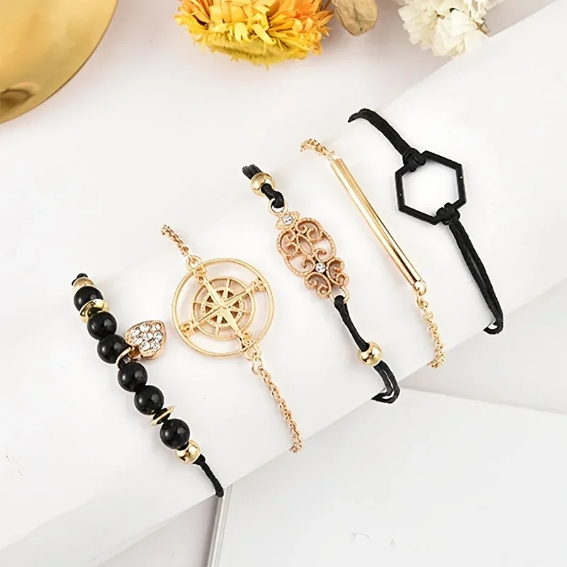 1Pc Women Round Pointer Quartz Watch & 5Pcs Bracelet Fancy Women Watches Jewelry Sophisticated And Stylish Women Watch