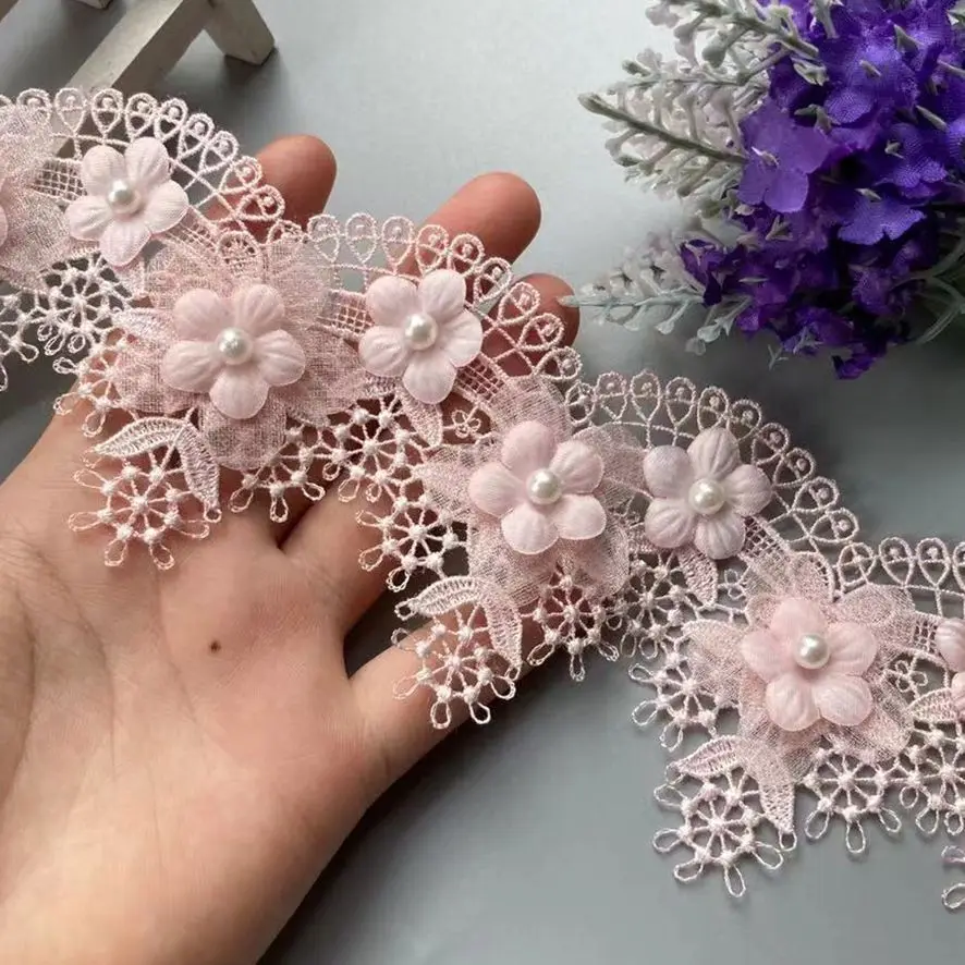 1 Yard Luxury Pink Lace Fabric Pearl Organza Tulle 3D Beads Flowers Embroidery Ribbon Trim Edge For DIY Sewing Neckline Decor