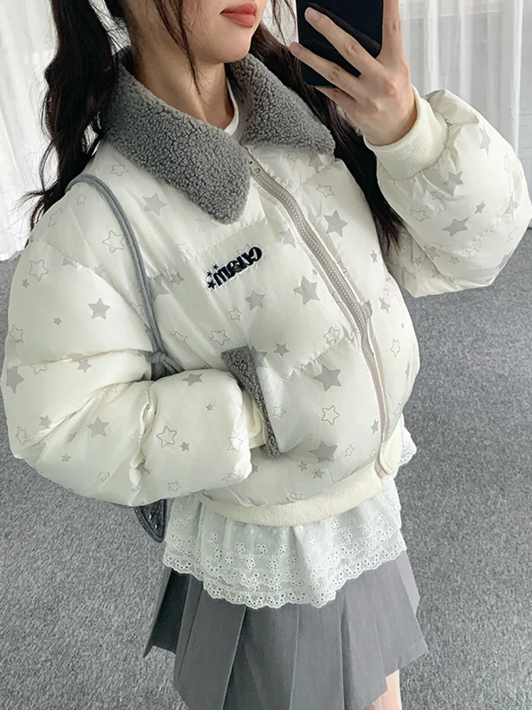 아메리칸 레트로 스타 파카 여성 겨울 긴 소매 레터 프레피 스타일 푸피 코트 하라주쿠 빈티지 인조 양털 칼라 재킷 신상품