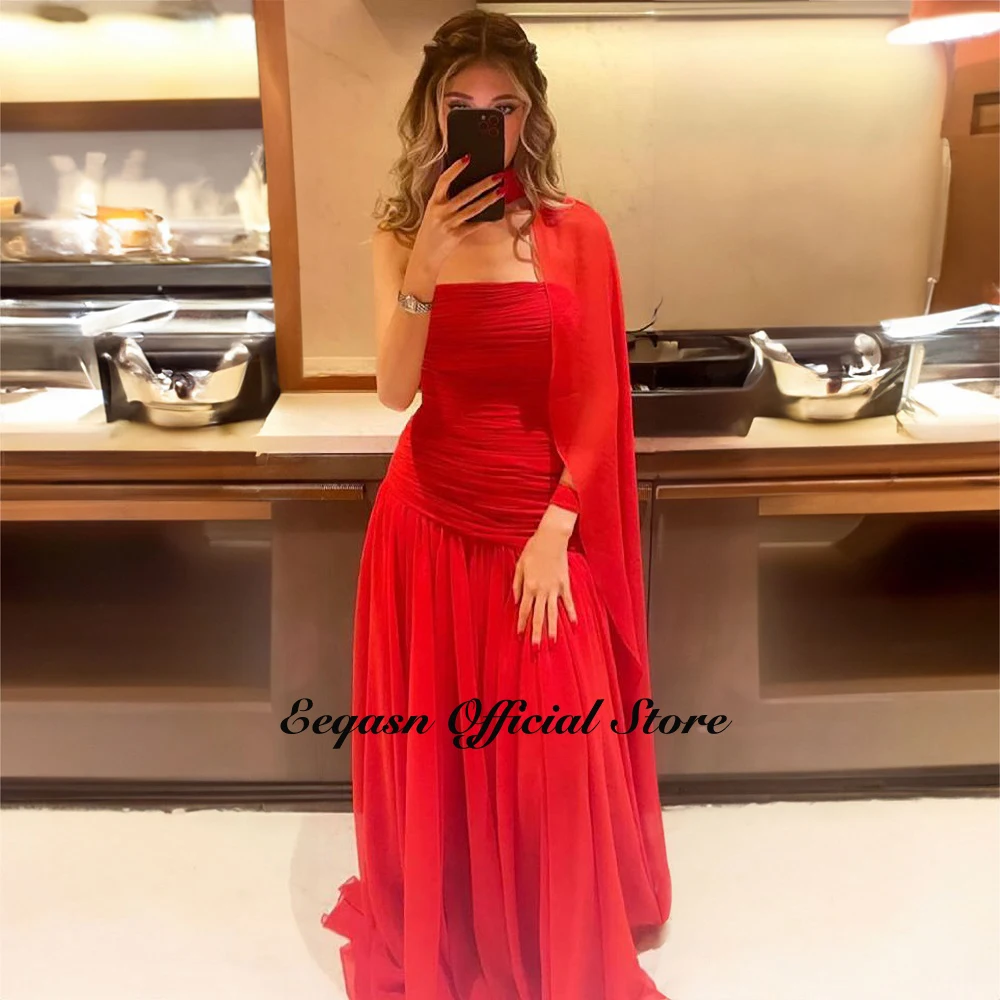 Arabic Red Chiffon Evening Dresses Strapless Shawl Long Prom Gowns Formal Occasion Party Dress Luxury Vestidos Customized