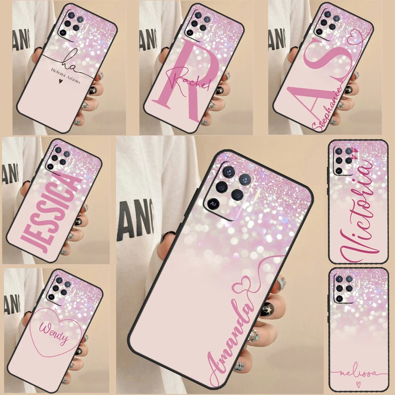 Personalised initials name pink shiny For OPPO A54 A74 A94 A58 A78 A98 A16 A76 A96 A15 A17 A77 A52 A72 A5 A9 A53s A54s A57s Case