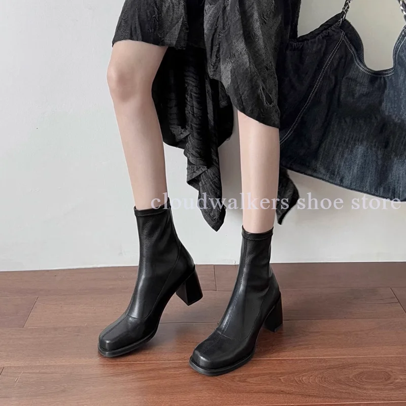 

Autumn Brown Black Soft Leather Concise Square Toe Ankle Boots Daily Commuting Versatile Flat Square Heel Zipper Short Boots