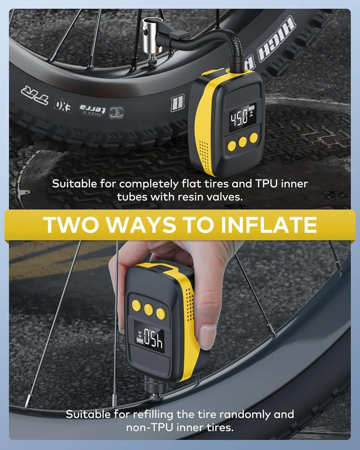 Pompa Ban Sepeda Listrik 150 PSI dengan Pengukur, Mati Otomatis, Portabel untuk Katup Presta/Schrader