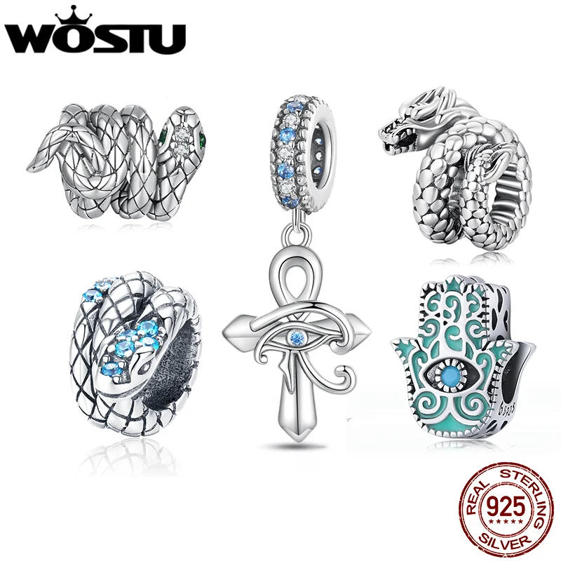 WOSTU 925 Sterling Silver Vinatge Demon Eye Heart Snake Charm Bead Pendant Fit Original Bracelet Necklace For Women Jewelry