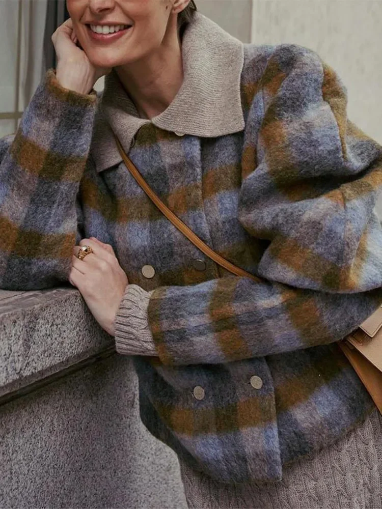 여성용 빈티지 체크무늬 더블 브레스티드 재킷 봄 가을 긴 퍼프 소매 O넥 우아한 캐주얼 아우터웨어 코트