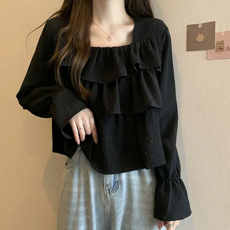 Fashion Square Collar Spliced Folds Ruffles Blouses Women\'s Clothing 2023 Autumn Winter Loose Sweet Tops Flare Sleeve Shirts