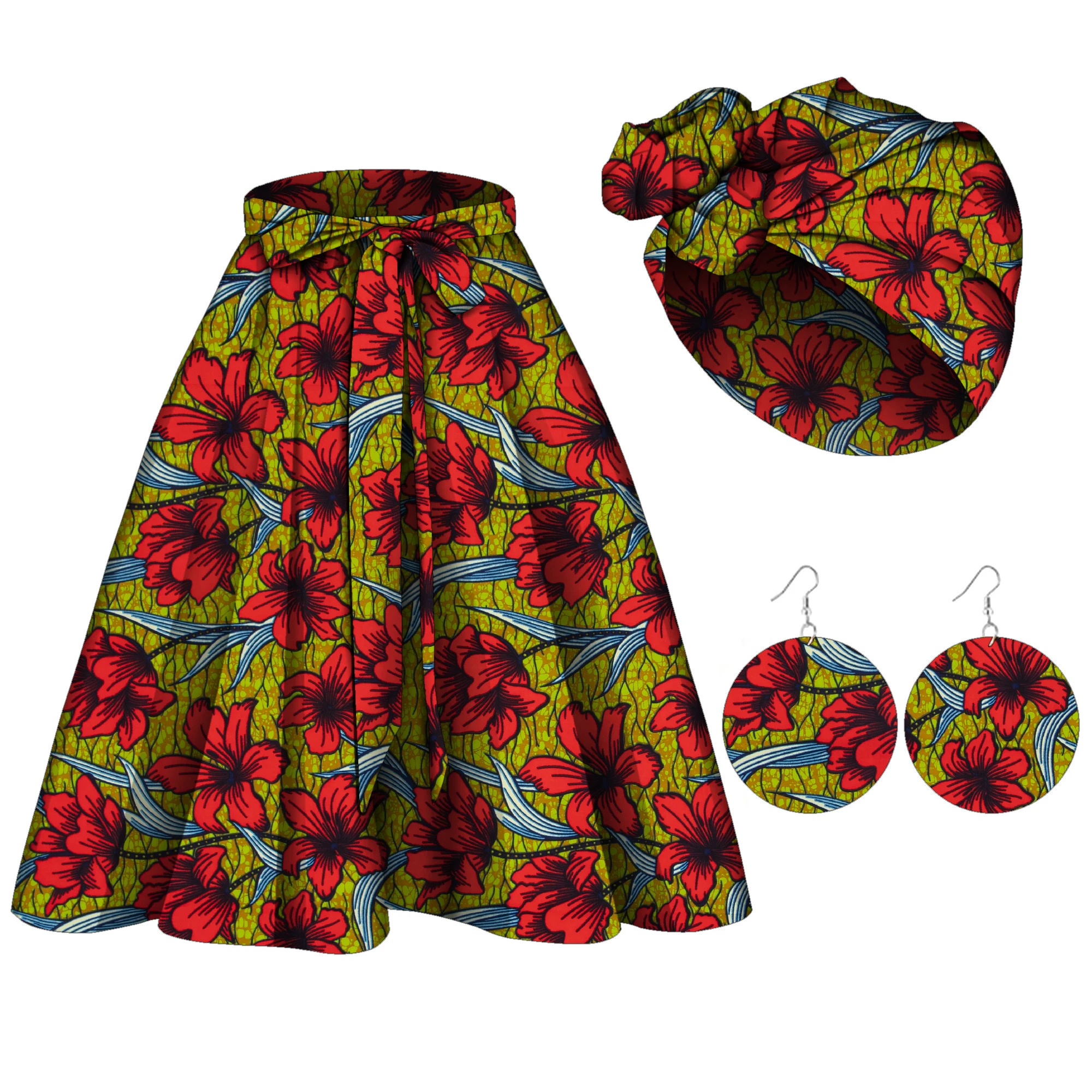 African Women\'s Skirt Headscarf Earrings Combination Fashionable and Versatile Women\'s Clothing WY10505