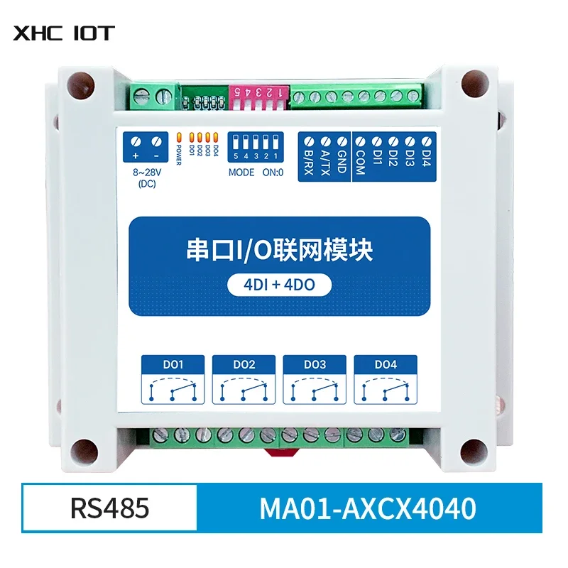 

Control Serial Port I/O RS485 Modbus RTU Rail Installation 4DI+4DO DC8~28V Networking Data Transmitter XHCIOT MA01-AXCX4040