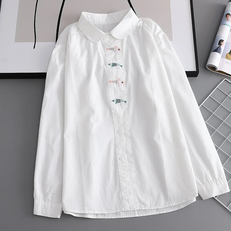 Spring Colorful Fish Embroidery Turn Down Collar Shirt Women White Color Cotton Long Sleeved Female Blouse Tops U225