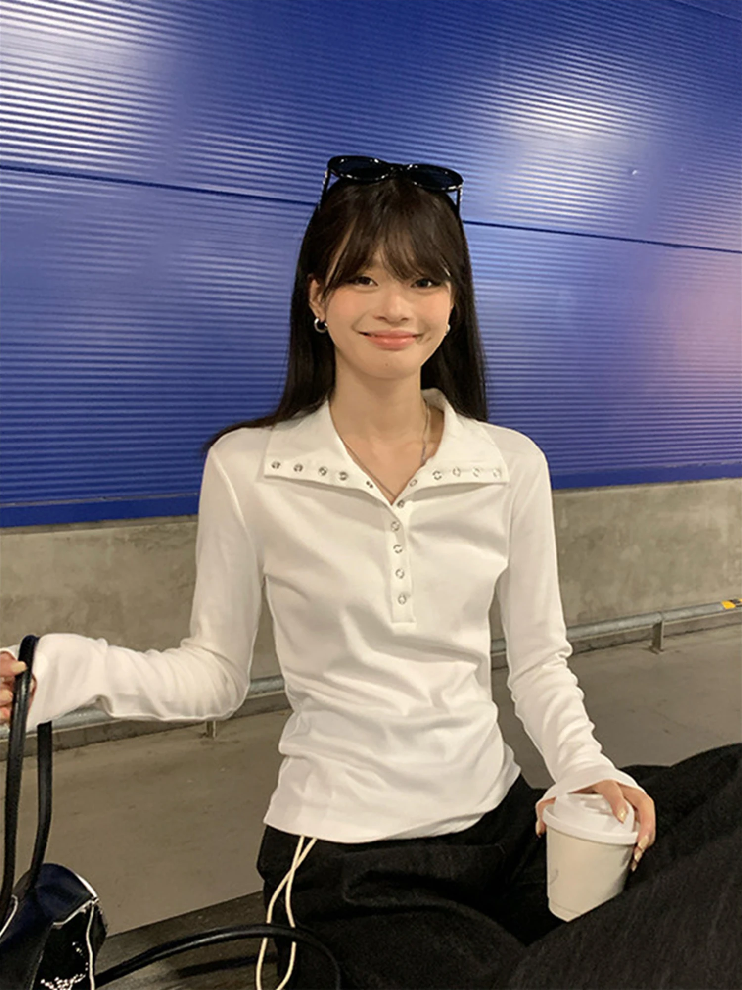 Y2K White Eyelet Collar Long Sleeve Top Women Slim Fit Henley Button Shirt 2000s Aesthetic Grunge Cute Baby Tee