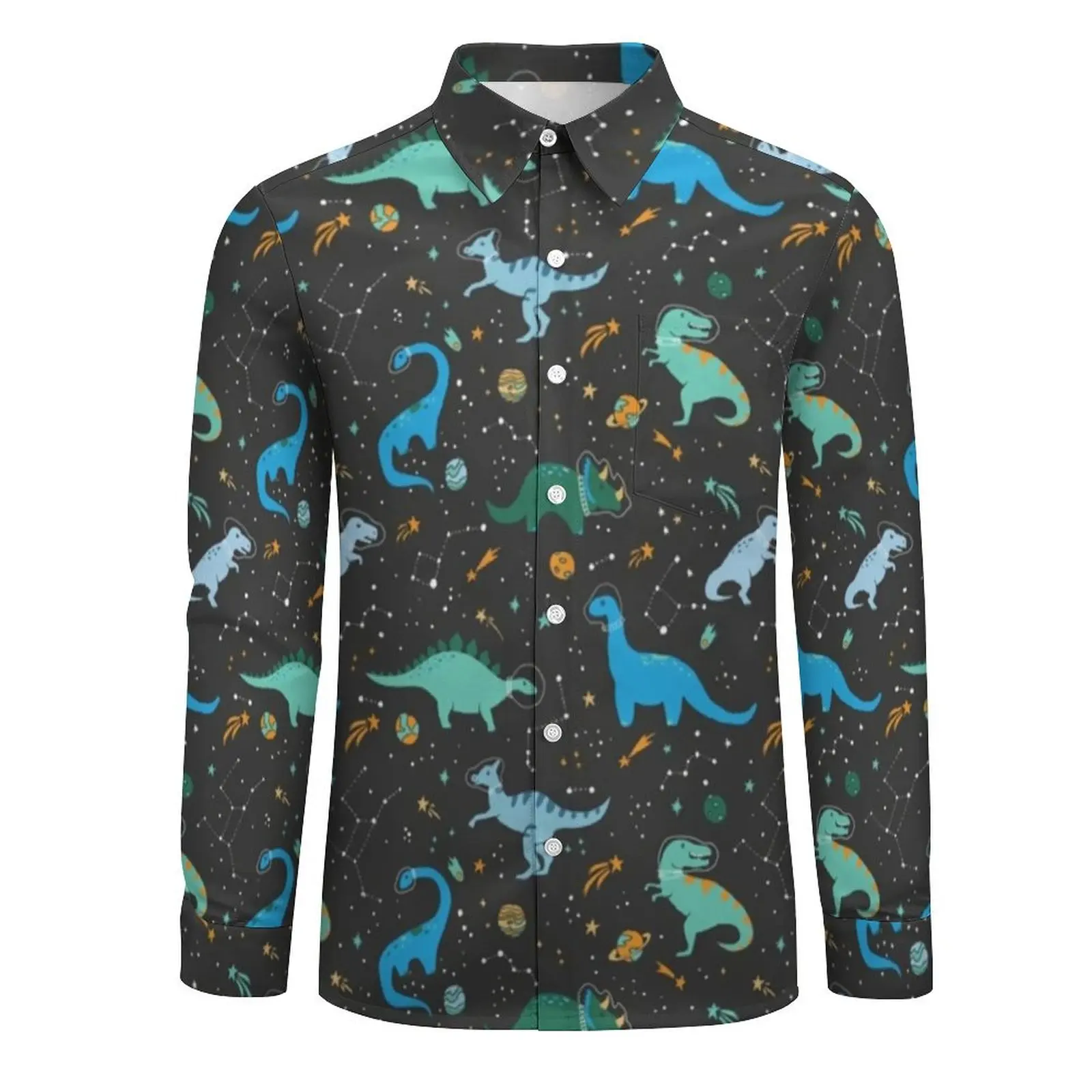 Space Dinosaur Casual Shirts Cute Animal Loose Shirt Autumn Stylish Oversized Blouse Male Long Sleeve Design Clothes Present