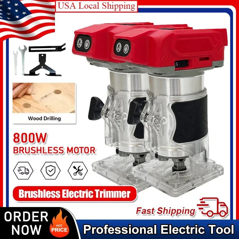 

Fit Milwaukee Brushless Electric Trimmer 800W 30000RPM Cordless Compact Router 5-Speeds Woodworking Trimming Machine 18V Battery