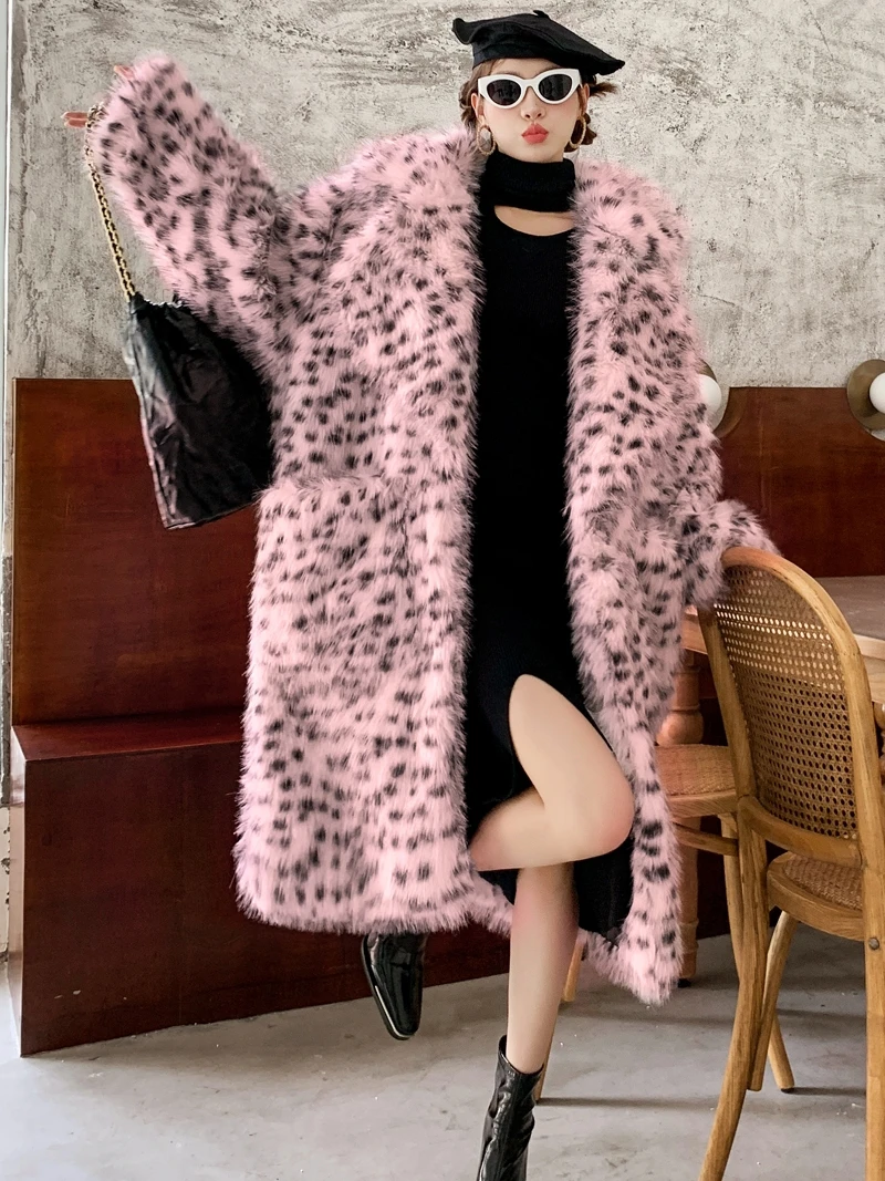 Female Fashion Faux Fur Coat Loose Lapel Print Long Jacket Lady  Outerwear Women's Winter Coats Promotion Factory Direct Sales