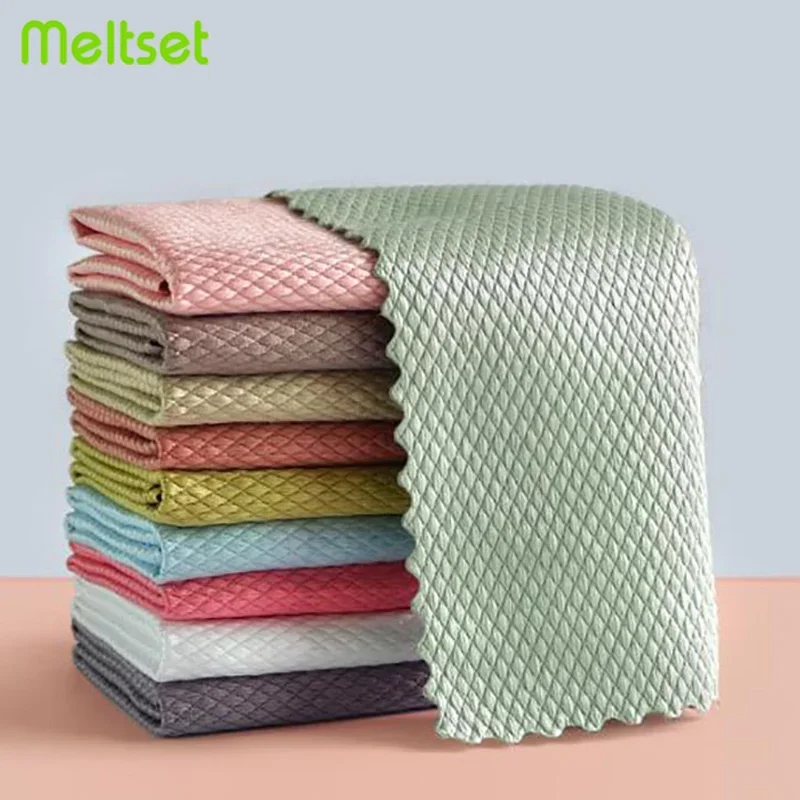 New 5Pcs Kitchen Cleaning Towel Anti-Grease Wiping Rags Absorbable Fish Scale Wipe Cloth Glass Window Dish Cleaning Cloth