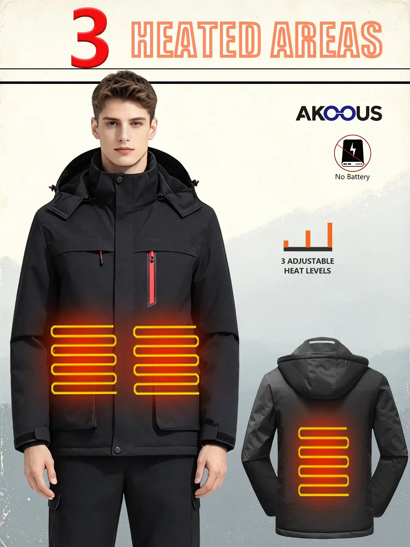 AKOOUS Heated Jacket for Men Women 3 Heating Zones 3 Temperature Control Detachable Hood Electric Heating Coat Machine Washable