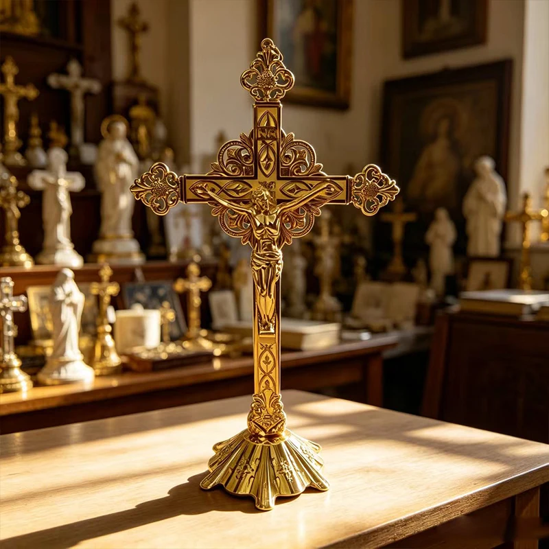 Ornate Gold Tone Altar Standing Cross with Jesus Crucifix for Orthodox/Catholic Church Prayer and Religious Home Decor