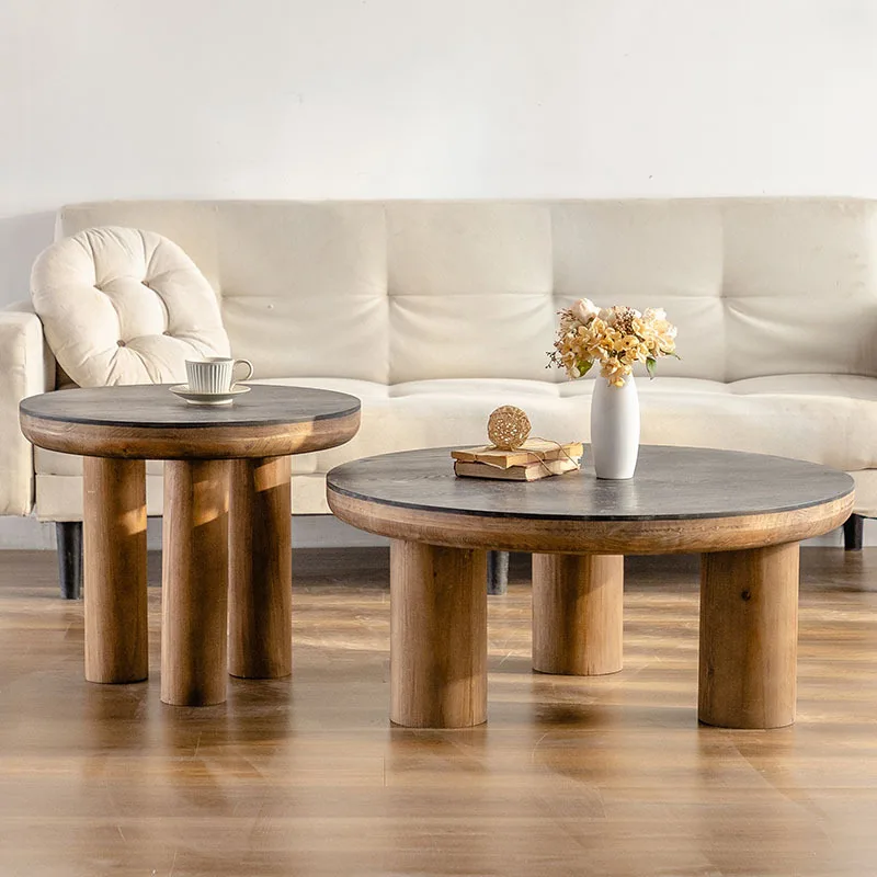 Round old solid wood round small coffee table, homestay retro small apartment family round table balcony coffee table