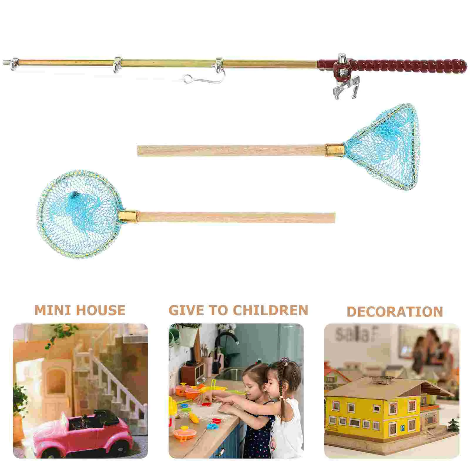 Mini Fishing Rod Toy Toys House Supply Tub Adornment Models Decorative Wood Decoration Miniature Child Scene Accessories