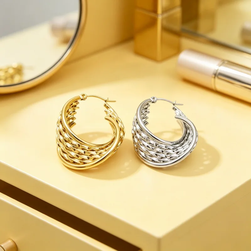 Pendientes de aro calados de acero inoxidable de varias capas tejidos para mujer Kalen, color dorado y plateado, aros abiertos con textura, joyería de moda