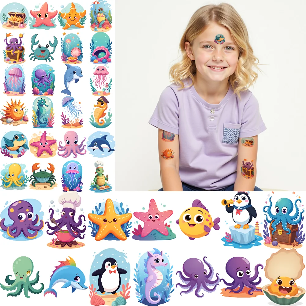 54 Uds tatuaje temporal estrella de mar dibujos animados cangrejo pulpo impermeable pegatinas corporales de larga duración pingüino para niños mejillas