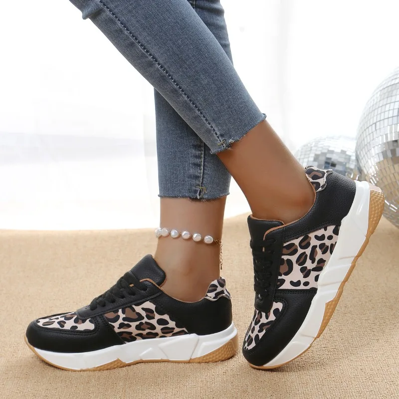 Platform Sneakers Woman Round Toe Low-top Leopard Wedge Shoes Women\'s Size 43 Lace Up Casual Walking Jogging Sports Trainers