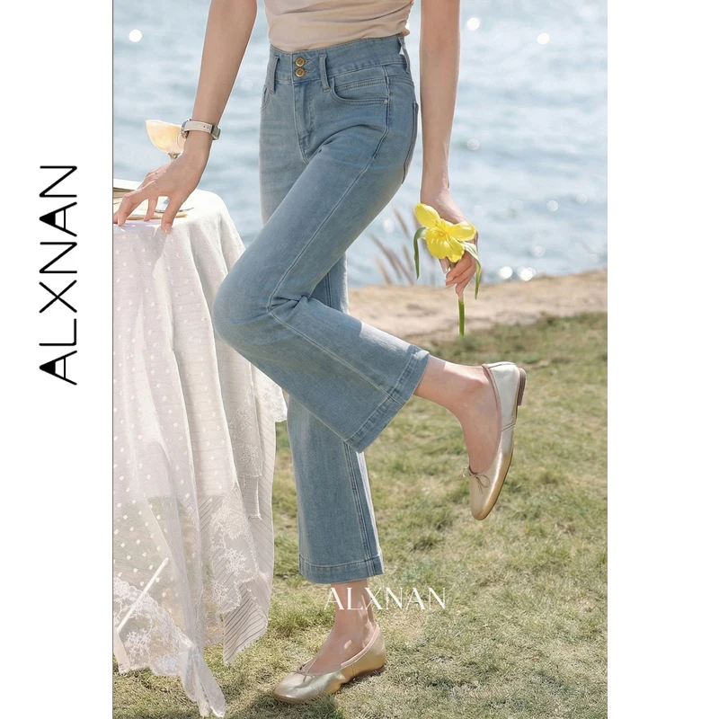 

ALXNAN Flared Jeans Women High Waist Slim Fit Blue Denim Pants 2026 Casual Retro Elegant Cotton Wide Leg Trousers Female L61386A