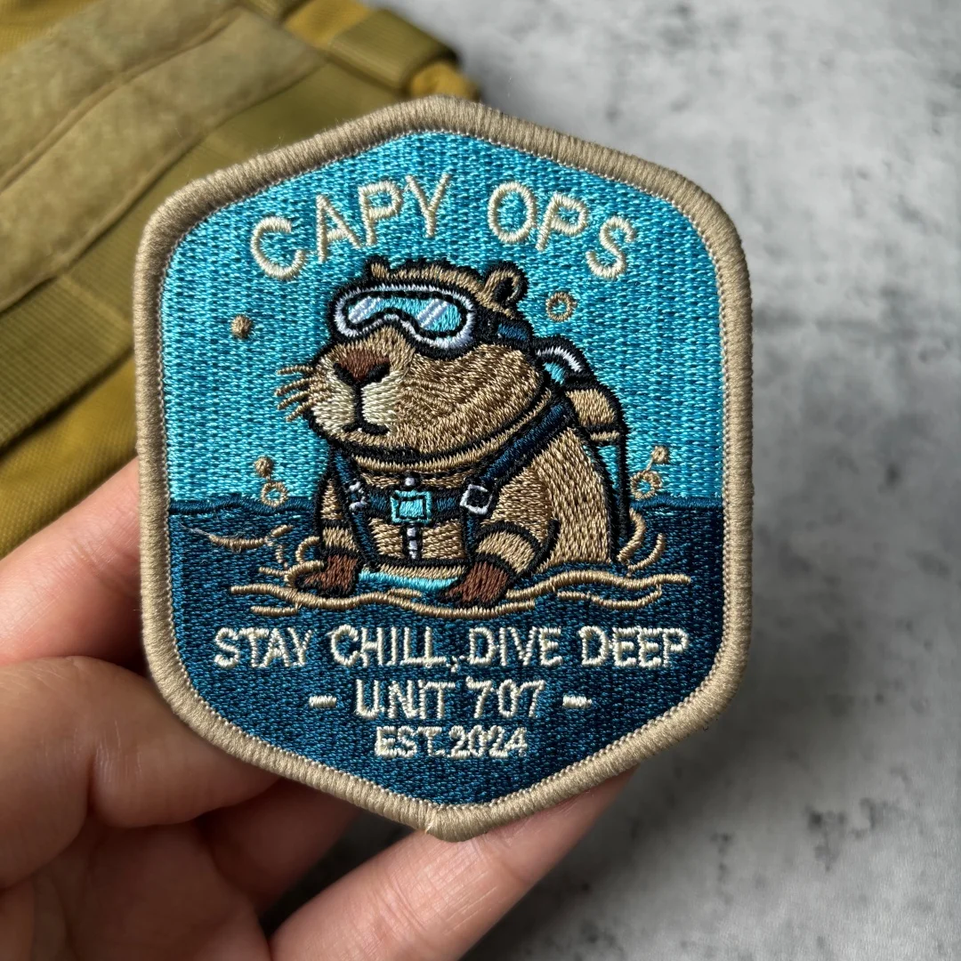 Capy Ops Patch Capybara Diver Tactical Morale Patch Stay Chill Embroidered Hook Loop Badge for Military Backpack Jacket Clothing