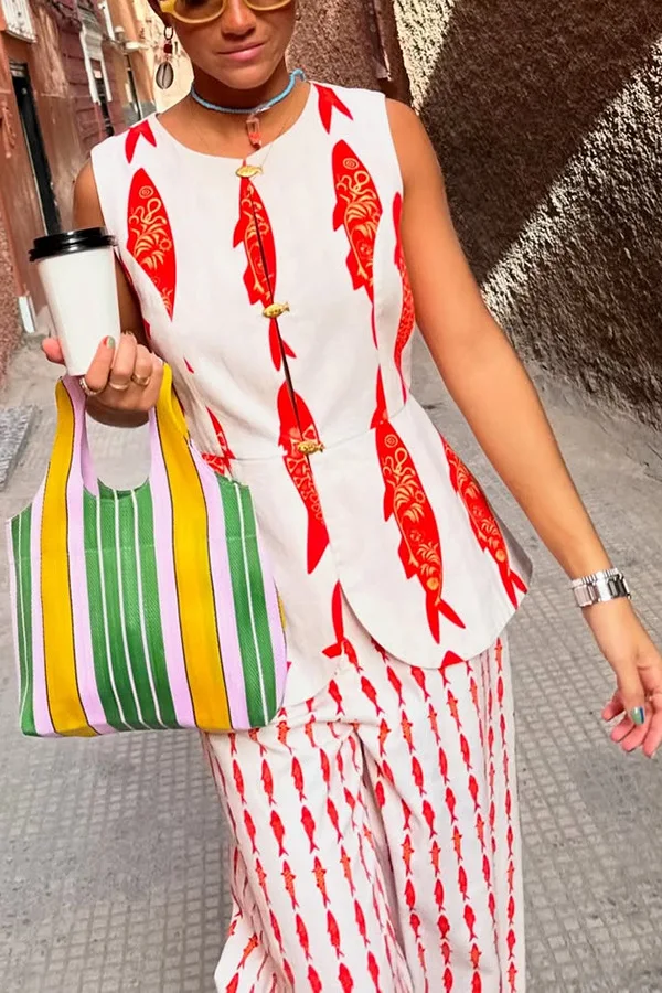 Sommer Frauen Cartoon Rot Fisch Drucken O Neck Tank Top Und Gerade Weibliche Lange Hosen Kurzarm Shirt Breite Bein Hose 2-stück Sets – Detail 15